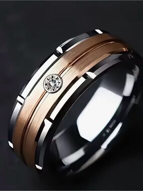 Men's Two-Tone Stainless Steel Wedding Ring with Center CZ Accent